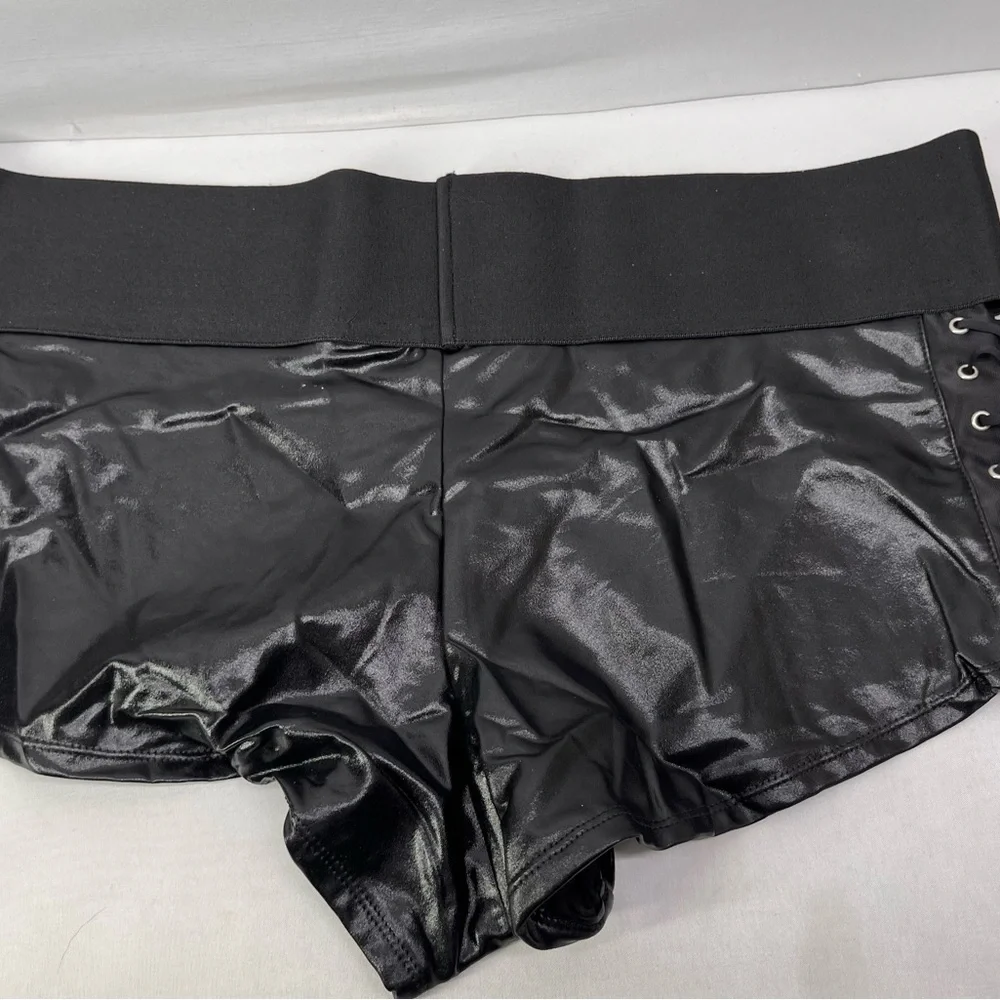 Darque Women's Black Shiny high waisted booty shirts - Picture 3 of 5